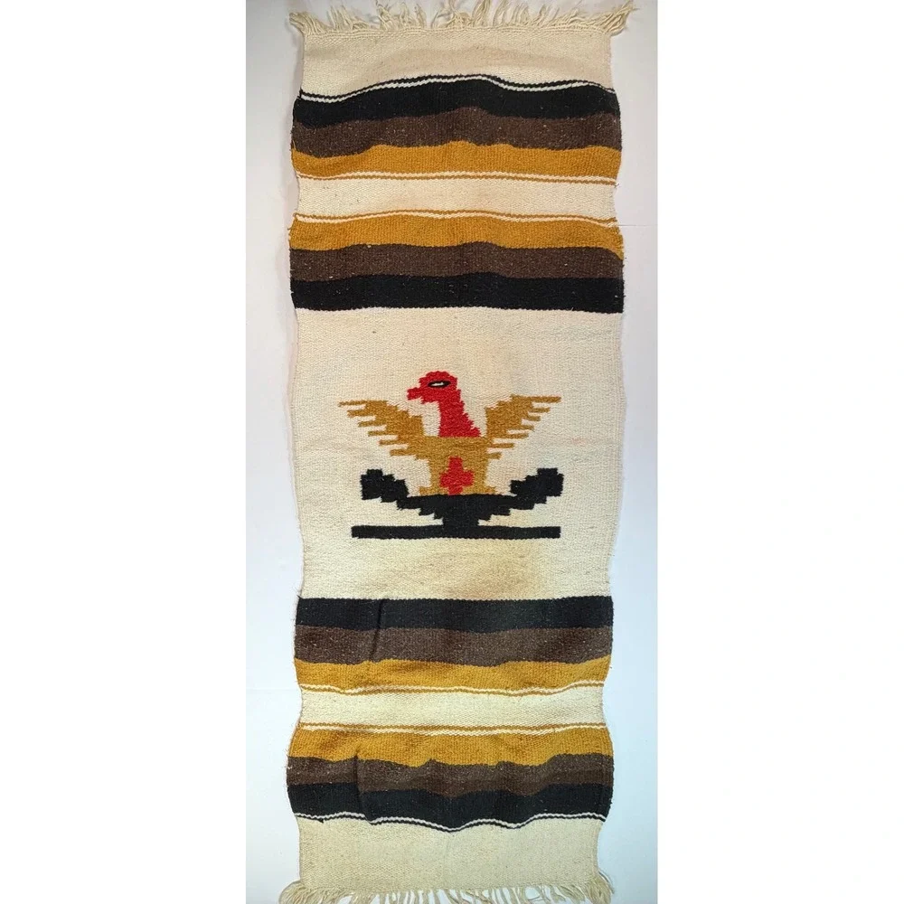 Vintage Mexican Thunderbird Wool Rug Table Runner Southwestern Woven 45x17 Cream